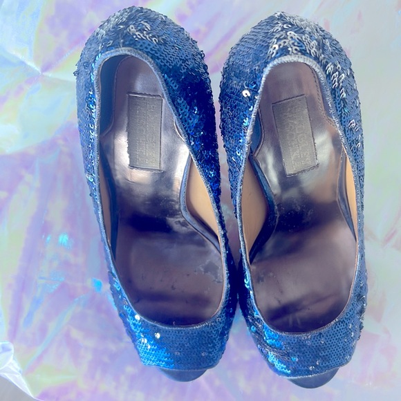 Badgley Mischka sequinned peep toe platform pump heels size 9. - Picture 6 of 10